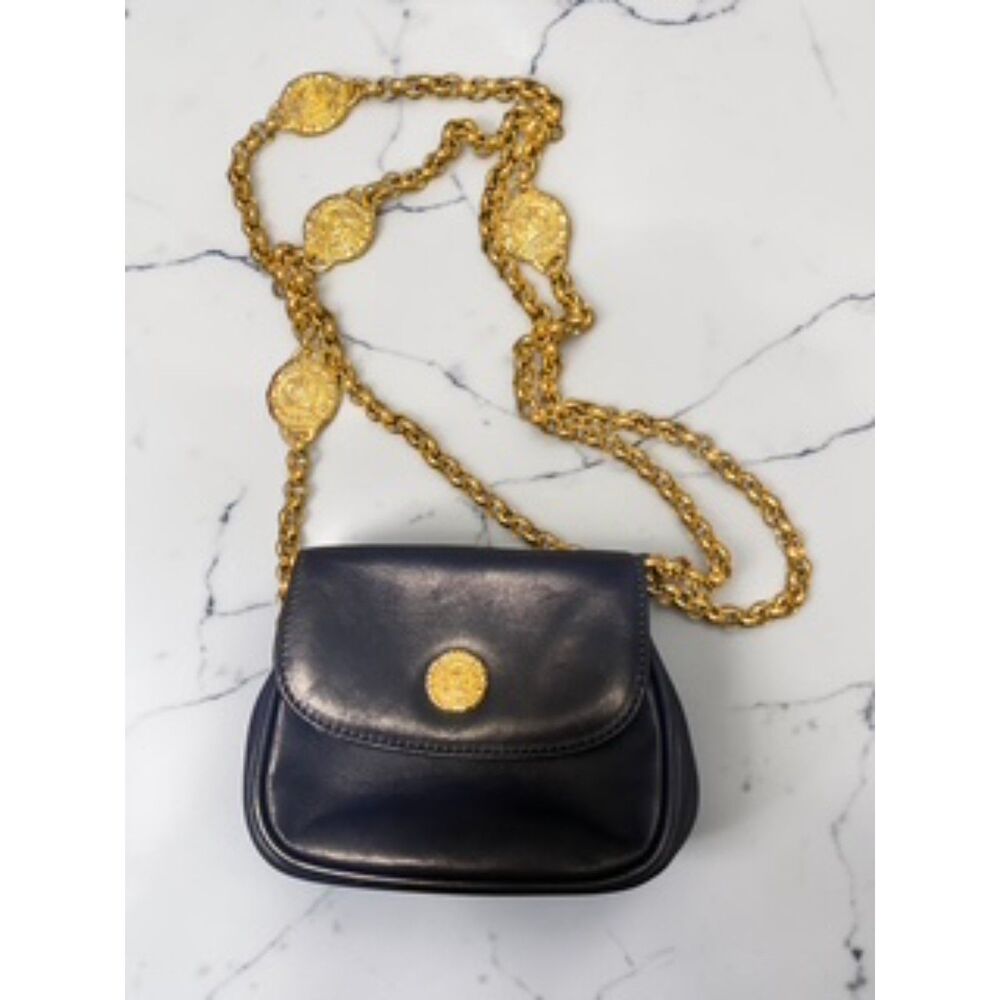 Vintage Escada Margaretha Ley Navy Blue Leather Mini Medallion Coin Bag W/ Box